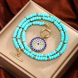 Natural Stone Bead Chain Pendant Necklace For Women Blue Clear Zircon Stainless Steel Round CharmTurquoise Stone Necklaces