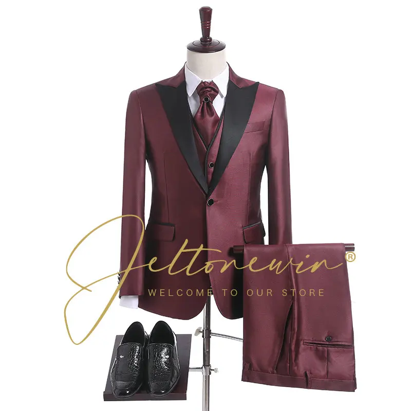 

Classic Slim Fit Suit For Men Burgundy 3 Piece Set Male Blazer Formal Groom Wedding Tuxedo Costume Homme De Luxe Pour Le Mariage