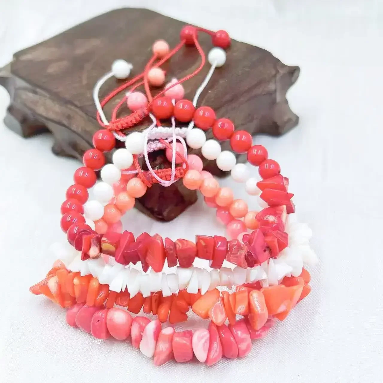 6-7mm Jewelry Gift Vintage Natural Genuine Orange Red Lady Party Lucky Knitted Natural Chips Sea Bamboo Coral Bracelet