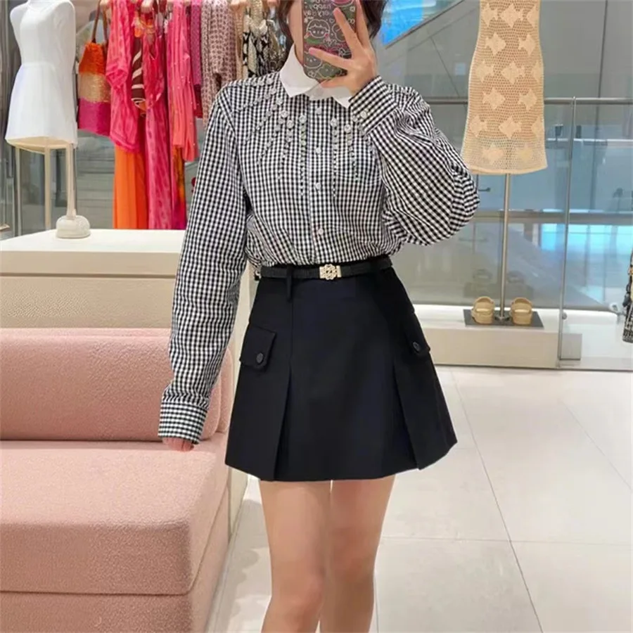 

Diamond shirt front shoulder short black and white bird pattern contrasting collar French design sense 24 early autumn new model