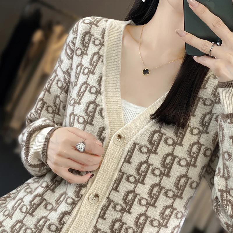 Autumn And Winter Women\'s V-neck Jacquard 100% Wool Cardigan Long Sleeve Loose Thick Knitted Sweater Lazy Style Letter Top