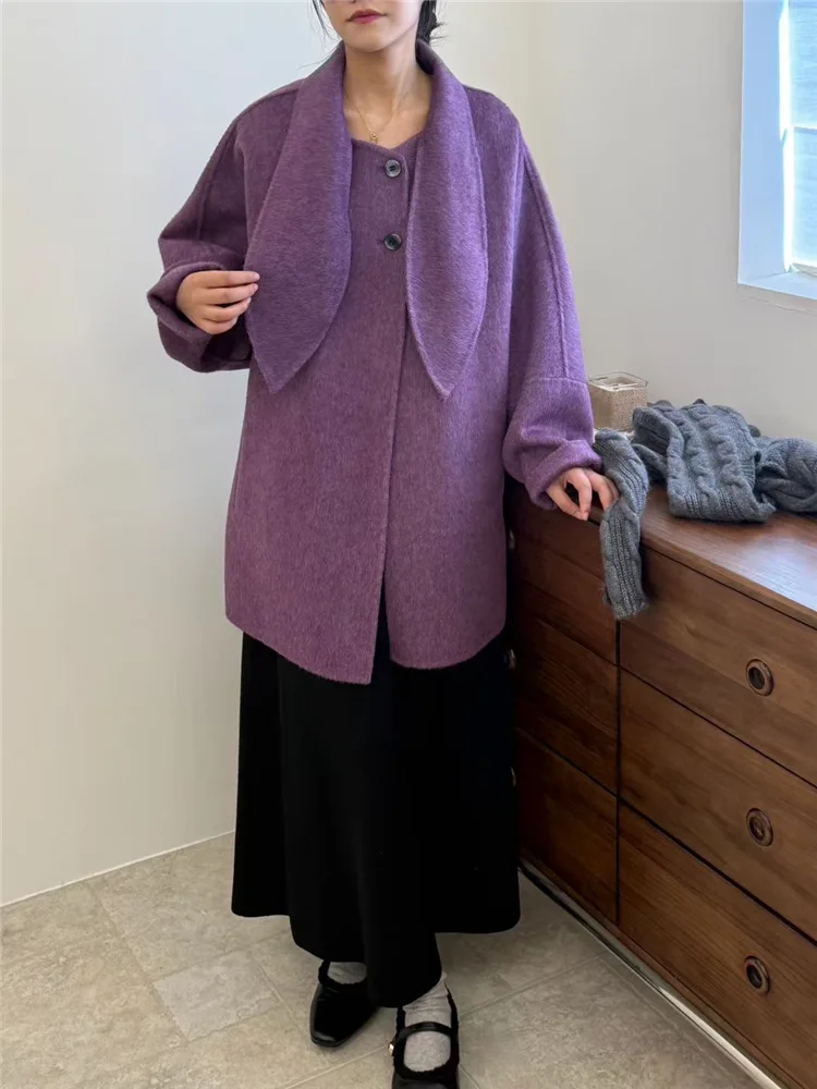 Cappotto da donna in cashmere di lana double face caldo e sciolto con collo di coniglio (Defying dell'età coreano, best seller per taglie piccole)