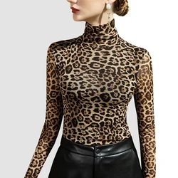 1pcs Women Autumn Ultrathin Leopard Print High Collar Mesh Long-sleeved Tops Lady Thermal Underwear Slim Fit Fashion Top