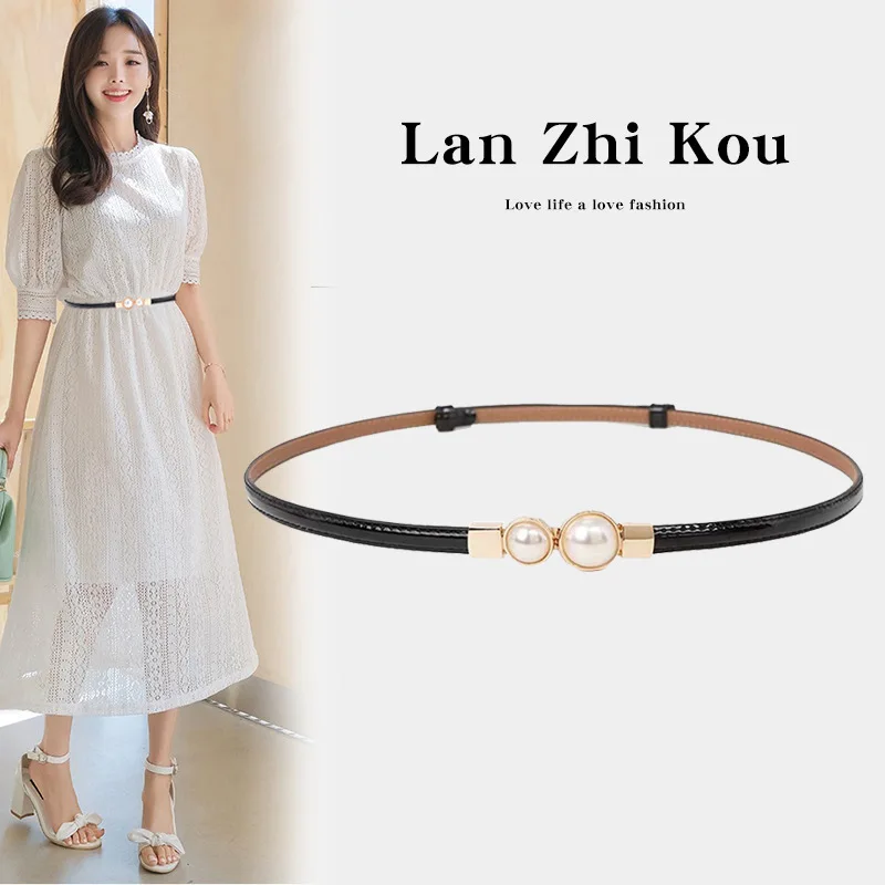 1cm Wide Genuine Leather Narrow Inlaid Pearl Belt Fashionable And Versatile For Women's Travel Simple And Decorative Dress Belt