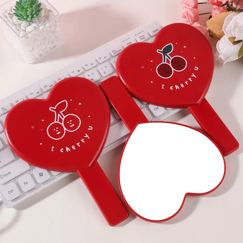 Cherry Love Heart Shaped Makeup Mirror Portable Handheld Red Cosmetic Mirror To Carry Around Beauty Accessories Women Girl Gifts