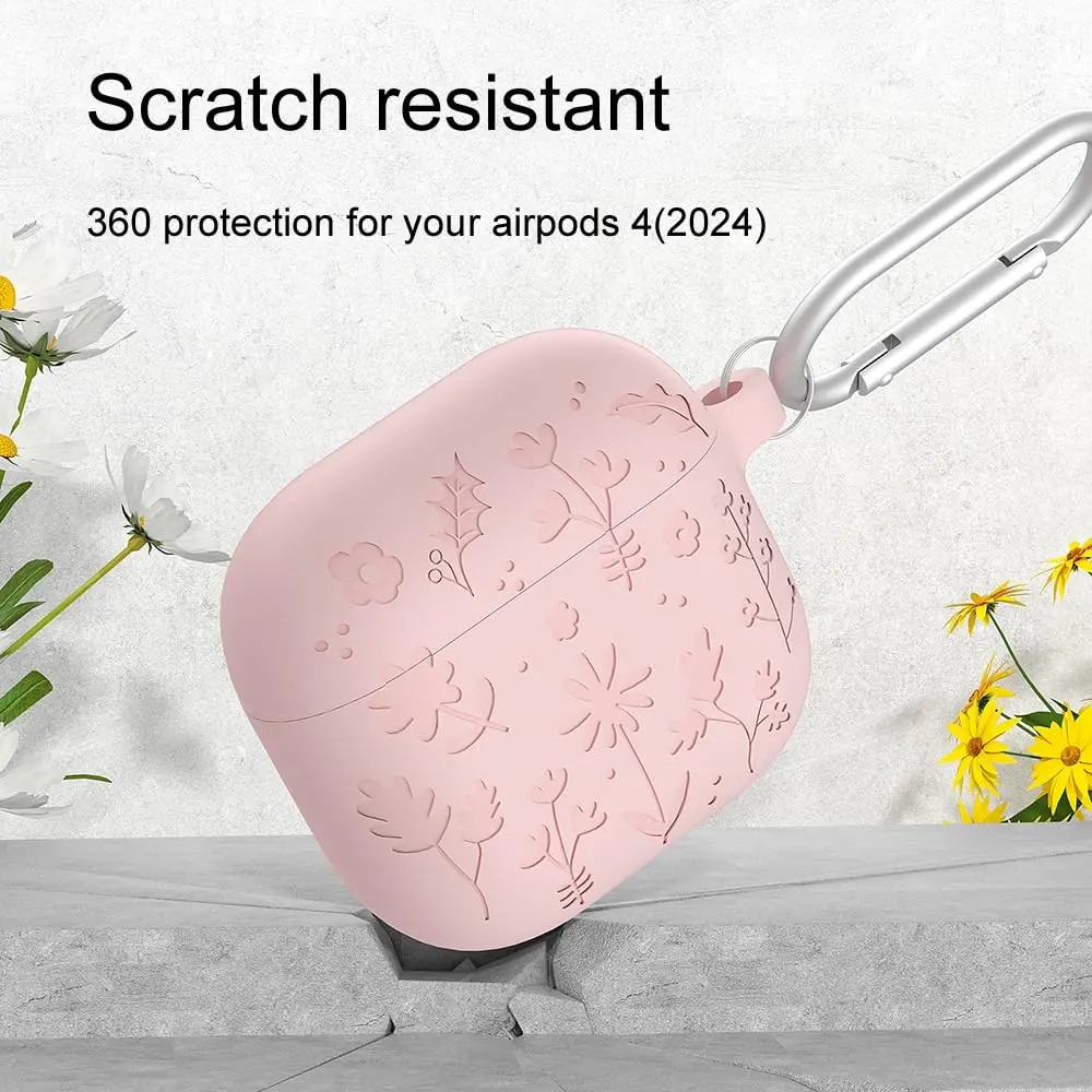 AirPods 4 케이스용 꽃 새겨진 AirPods 4 케이스용 열쇠고리 및 끈이 포함된 보호용 실리콘 스킨 액세서리(라이트 블루)