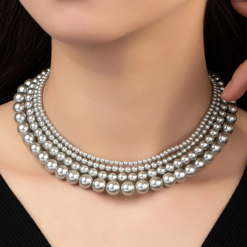 

Rylin Luxury Fashion Glass Simulated Pearl Shine Grey Necklace For Women Party Handmade Necklace