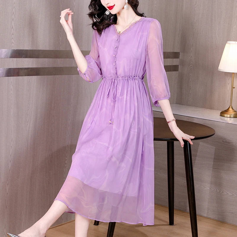 Purple Silk V-Neck Dress Summer 2023 New Loose Size Large Waist Slim Lace Splice Bohemian Long Dress Women's Knee Length Gown