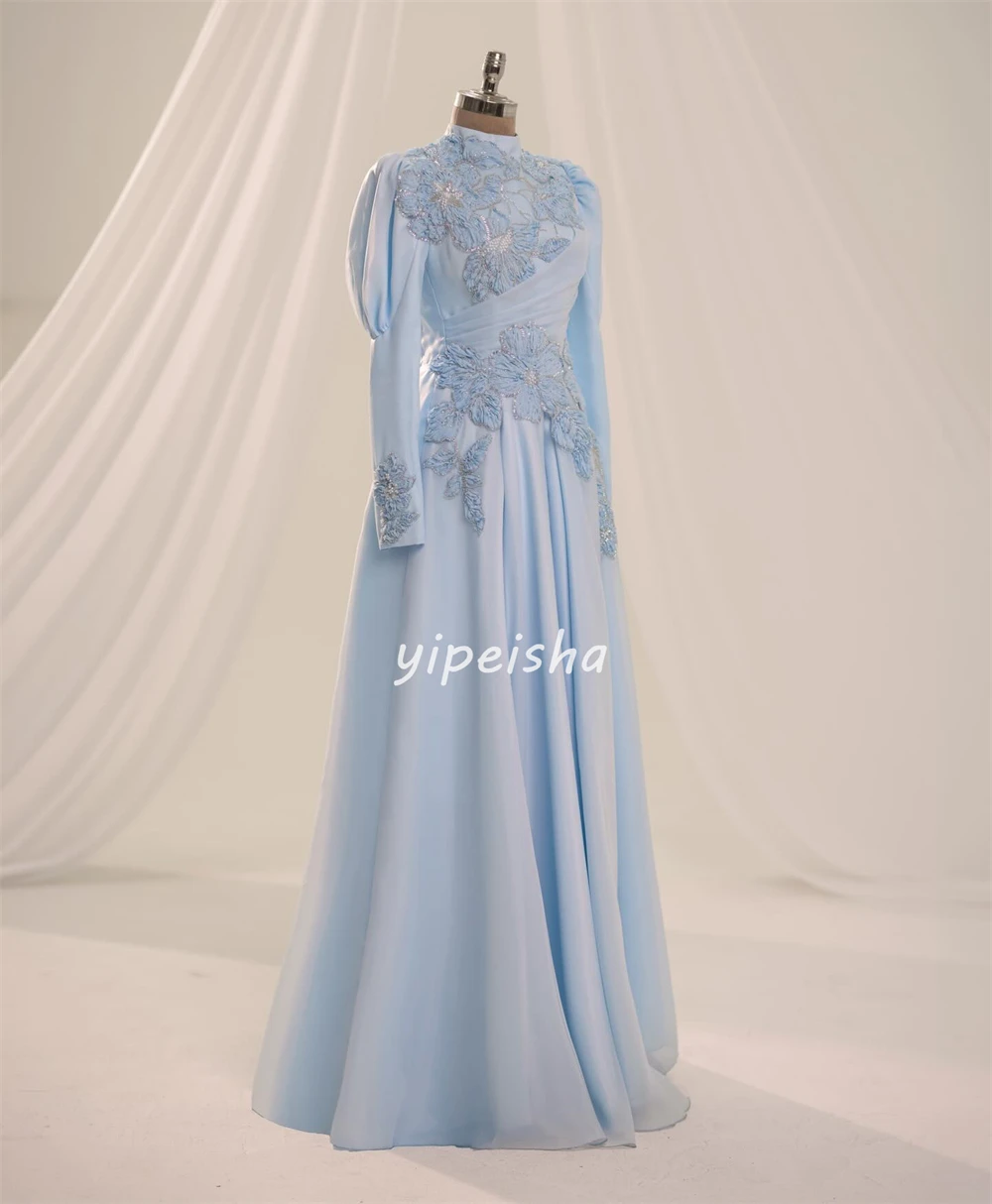 Customized Formal Women Jersey Handmade Flower Rhinestone A-Line Evening Dresses Elegant High Collar Long Sleeves Prom Dresses image 3