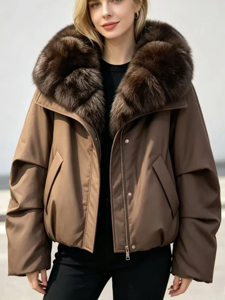 New Fashionable Thickened Warm Cotton Jacket for Women Short Style V-shaped Large Haired Collar Elastic Hem Autumn Winter Coat