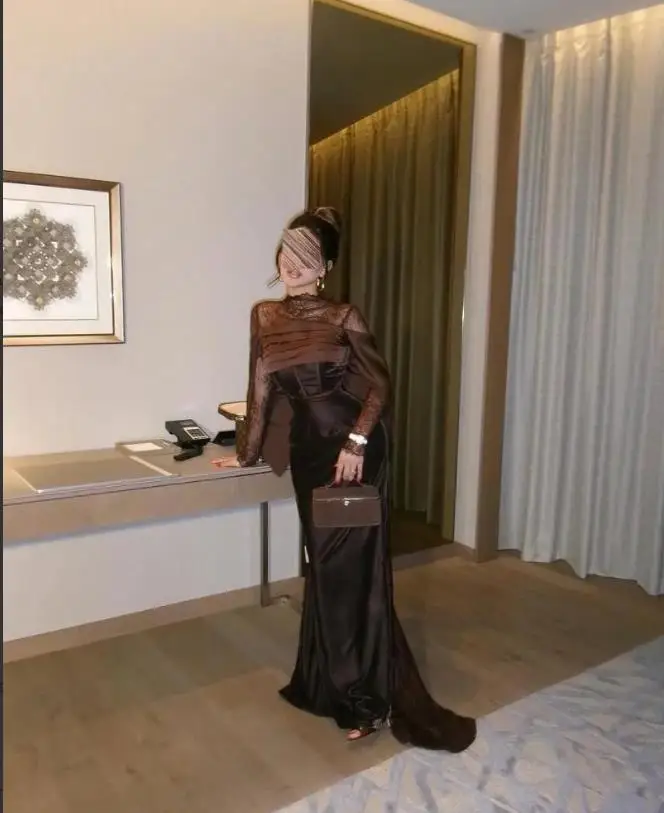 Customized Brown Lace Top Evening Dress High Collar Full Sleeves Mermaid Wedding Guest Gown Sweep Train Velvet Winter Dresses