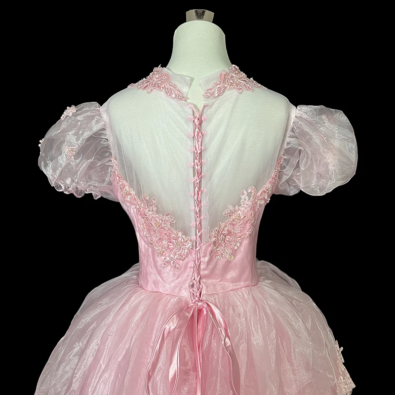 Anxin sh Vintage Prinzessin rosa Blume Spitze Illusion o Hals Perlen Perlen kurze Puff ärmel Rüschen schnüren antike Hochzeits kleid