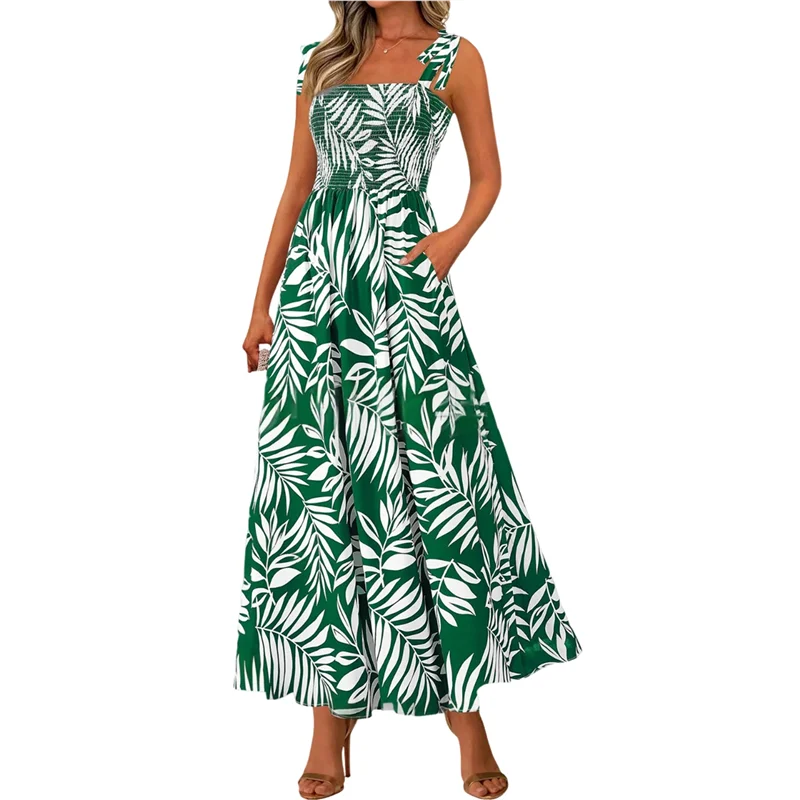 ABRT-สตรีฤดูร้อน Smocked Maxi Dress Boho สปาเก็ตตี้สาย Flowy Beach Long Sundress