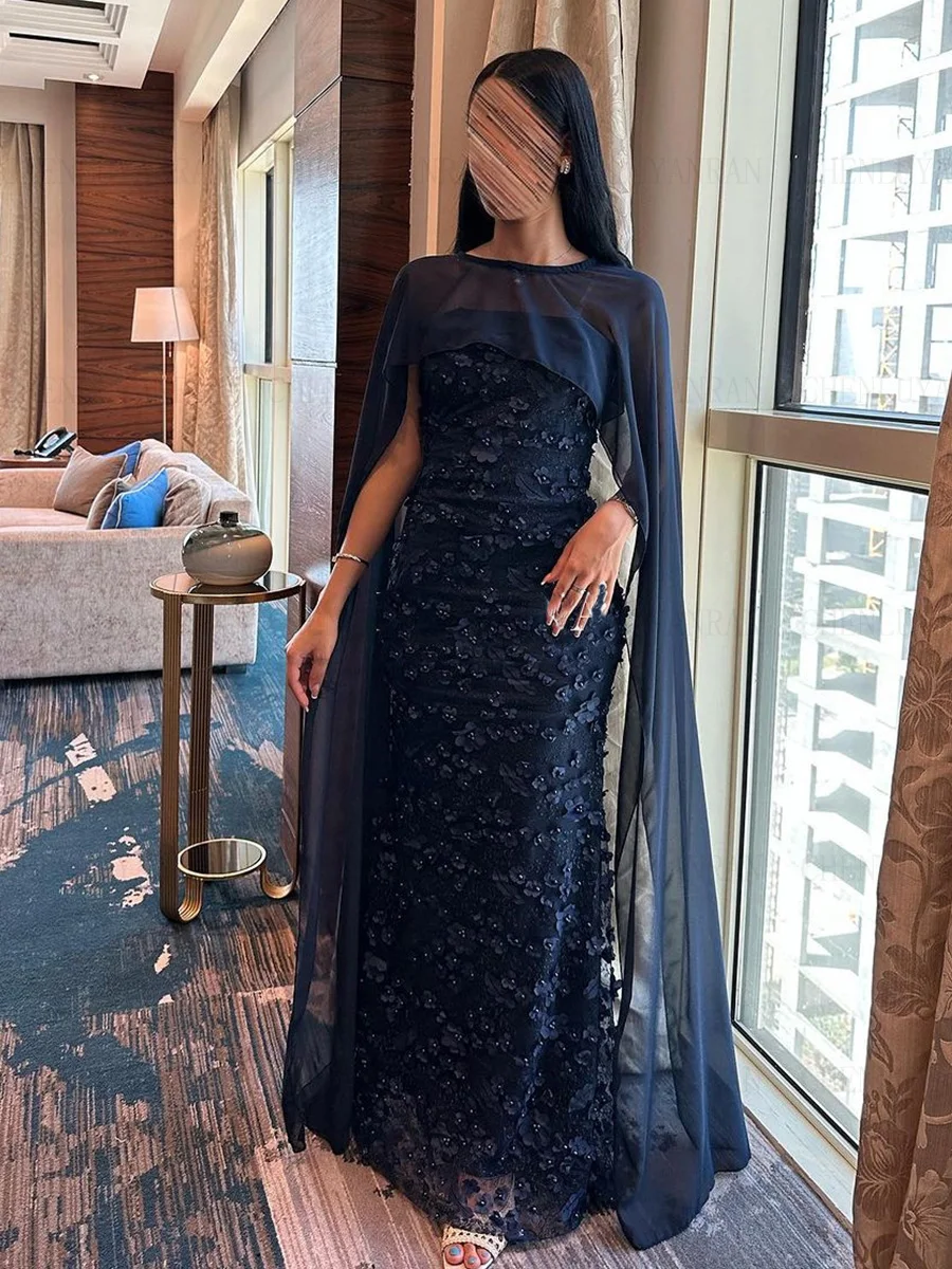 Vestidos de sirena para ocasiones formales, traje de baile largo personalizado con cuello redondo y chal de encaje, color azul marino, de lujo, para fiesta de noche, 2024