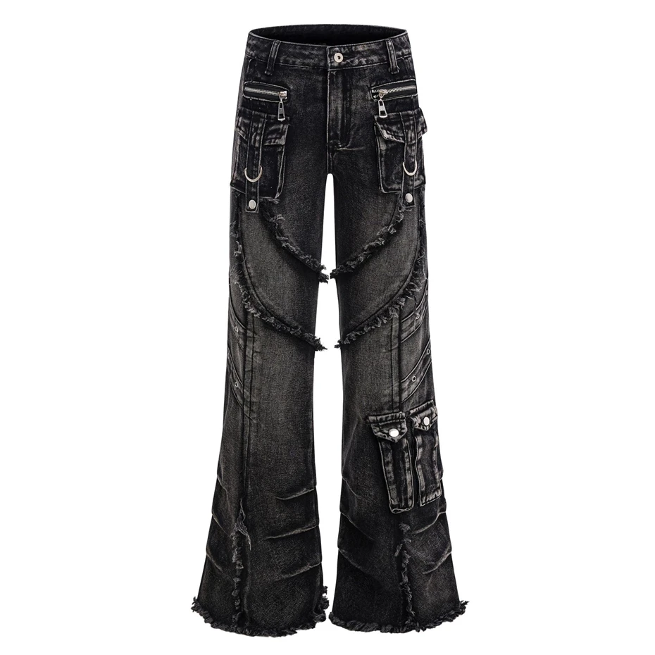 

Pockets Raw Edge Jeans Mens Streetwear Punk Y2k Flare Pants Harajuku Baggy Casual Hip Hop Black Denim Trousers Unisex