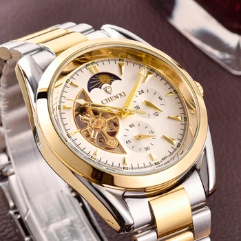 CHENXI mechanical watch fashion luxury Tourbillon moon phase watches men silver gold steel band automatic mechanical wristwatch