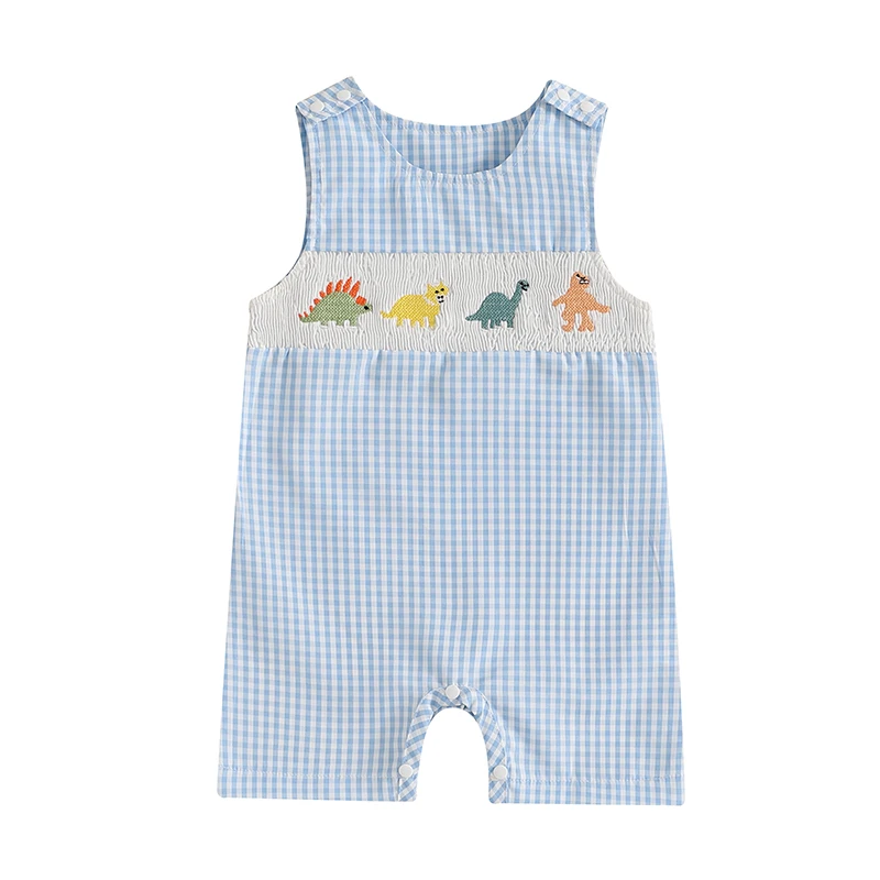 0-18M Newborn Baby Boy Summer Clothes Sleeveless Embroidery Striped Retro Romper Jumpsuit Easter Bunny Smocked Shortall