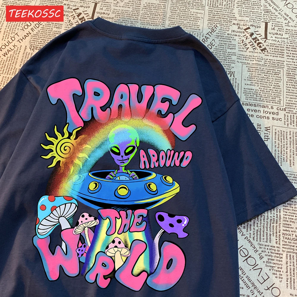 Fashion Cotton Woman T-Shirts Alien Ufo Travel Around The World Prints Short Sleeve O-Neck Soft Breathable Street Female Clothes