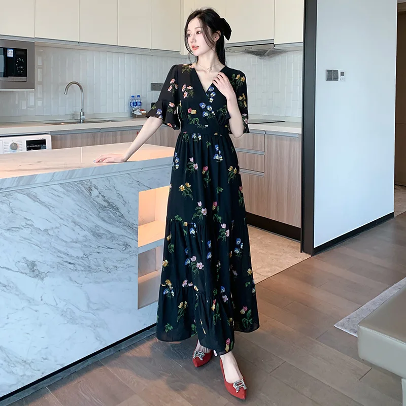 صيف 2025 الأزهار طباعة شقيقة طويلة الدكتور التخسيس جرس Sve عطلة المرأة الدكتور تنورة Ele عالية الخصر الشيفون محبوك #1