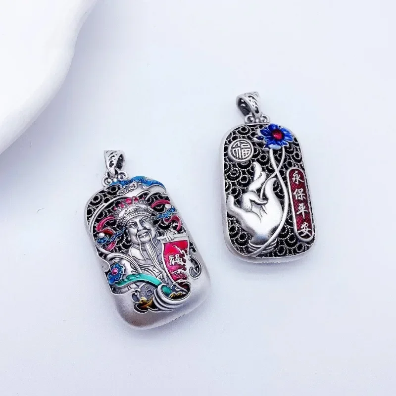 قلادة مجوهرات مزدوجة الجوانب ، قلادة مجوفة ، إله الثروة الكلاسيكي الملون ، مينا الفضة ، الطراز الصيني