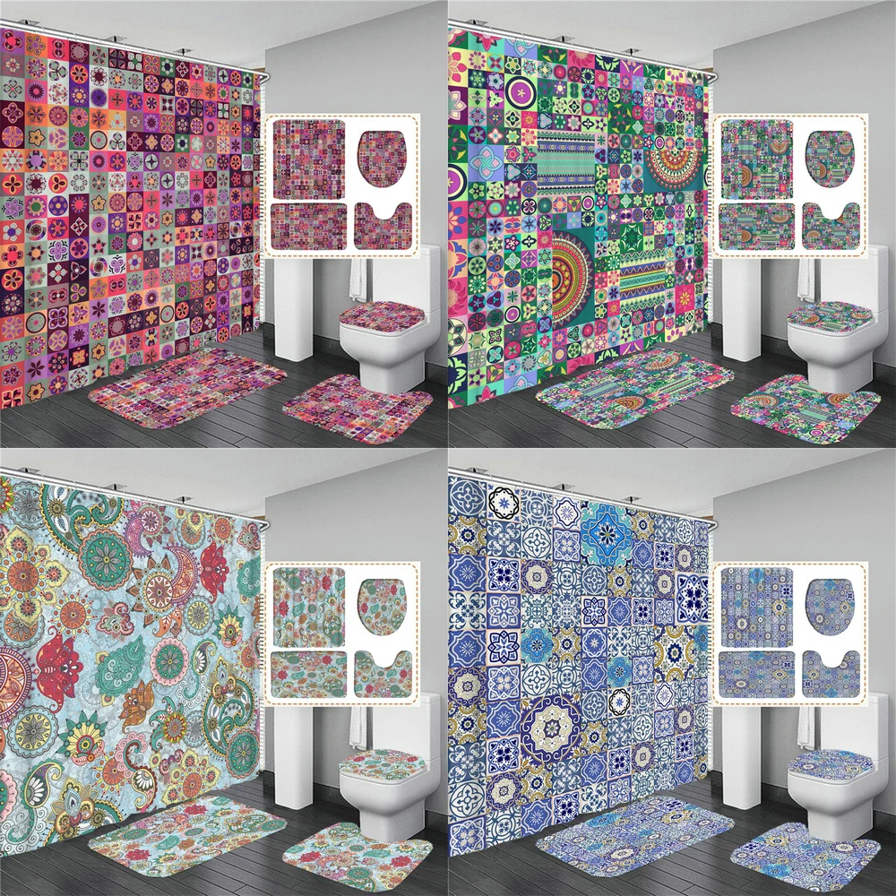 

Bohemian style Printed Shower Curtains Set Boho Bathroom Curtain with Hooks Toilet Lid Cover Bath Pedestal Mats Non-slip Rugs