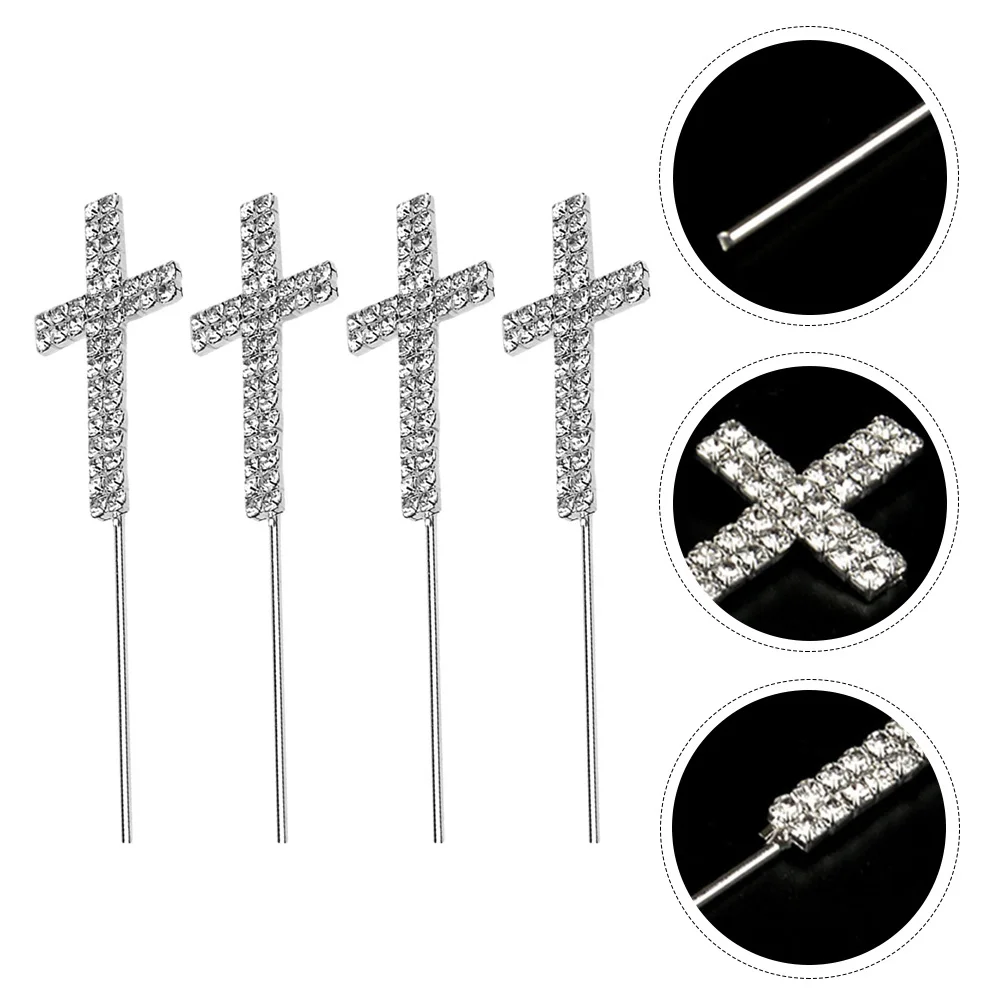 

4Pcs Cake Decoration Inserts Rhinestone Cross Design Premium Alloy Toppers for Wedding Birthday Party Supplies Cupcake Decor