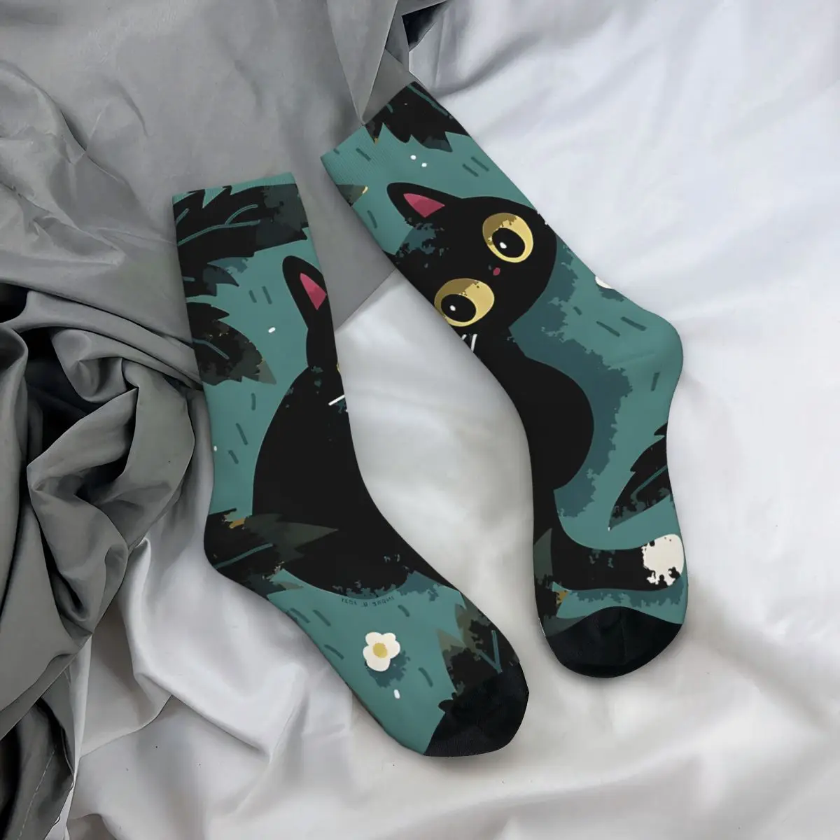 Vintage gato preto compressão meias masculino, gato de Halloween unisex, Harajuku padrão impresso novidade tripulação Sock