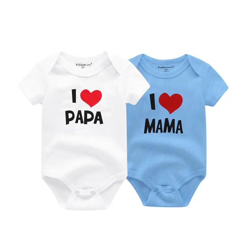 kiddiezoom 2Pcs Baby Bodysuit Set I Love Papa Mama Letter Print Short Sleeve Cotton Unisex Infant Outfit