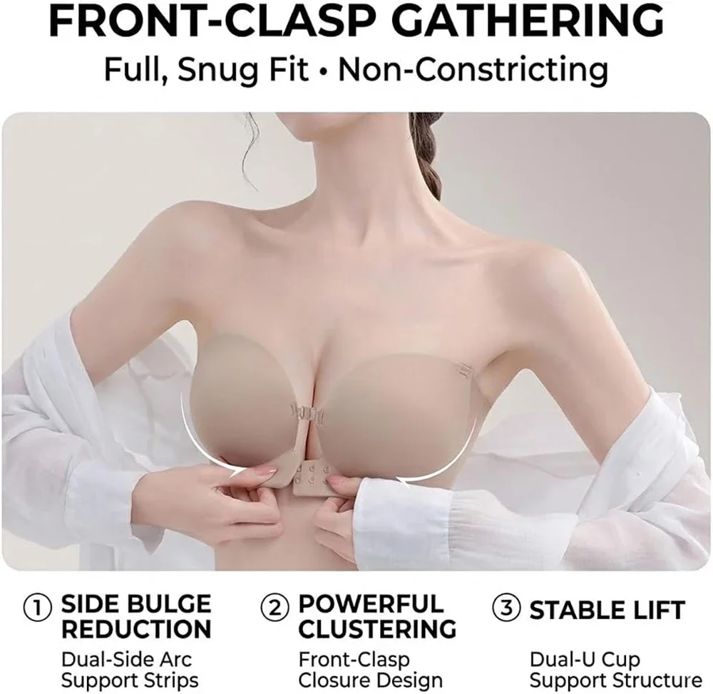 Damen trägerloser BH mit Frontverschluss, Push-up-BH, gepolstert, mit zusätzlicher Körbchenfüllung, rutschfester Griff, herausnehmbar, kabellos, stützend, nahtlos – Detail 3