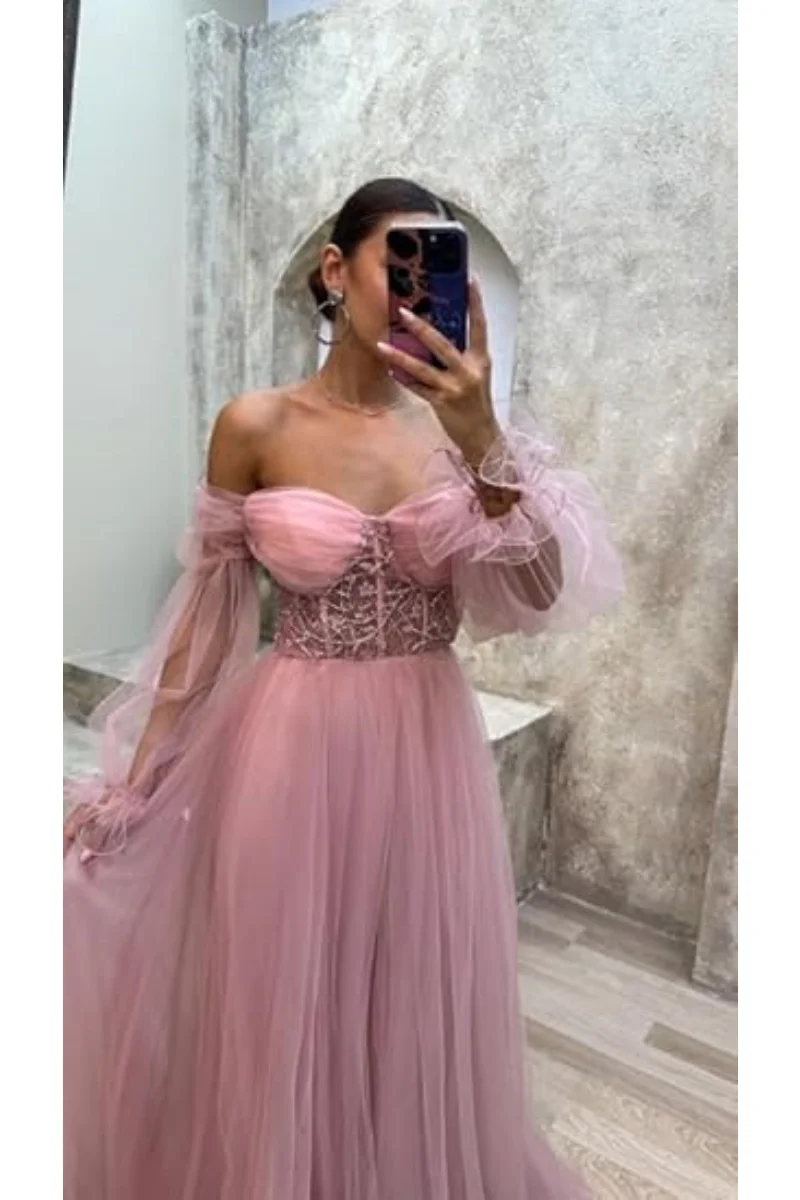

Long Sleeve Tulle Prom Dresses Ball Gown Womens A Line Lace Applique Puffy Formal Evening Gowns