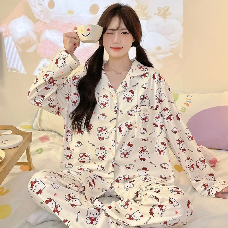 Cartoon Sanrio loungewear women's pajamas autumn cotton long-sleeved trousers casual two-pice set HelloKitty silk pajamas women