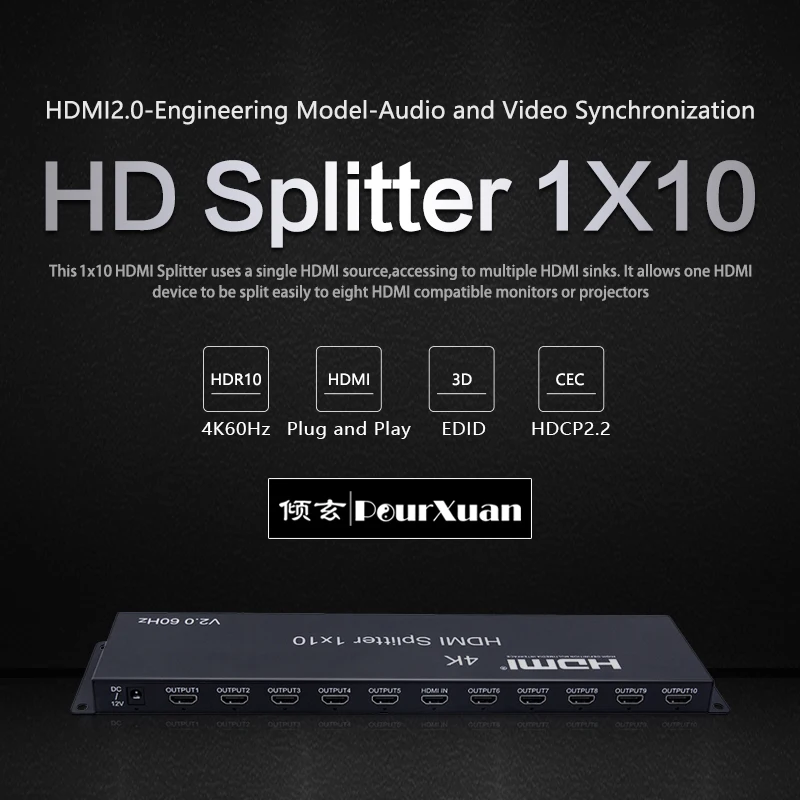 4K 60hz 1x10 HDMI Splitter 1 IN 2 4 6 8 10 Output 1x4 HDMI Splitter 1x2 HDMI 2.0 Video Converter for PS4 PC DVD To TV MONITORS