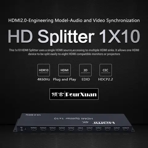 HDMI 2.0 비디오 컨버터, PS4 PC DVD-TV 모니터용, 4K 60hz, 1x10 HDMI 분배기, 1 in 2 4 6 8 10 출력, 1x4 HDMI 분배기, 1x2 HDMI