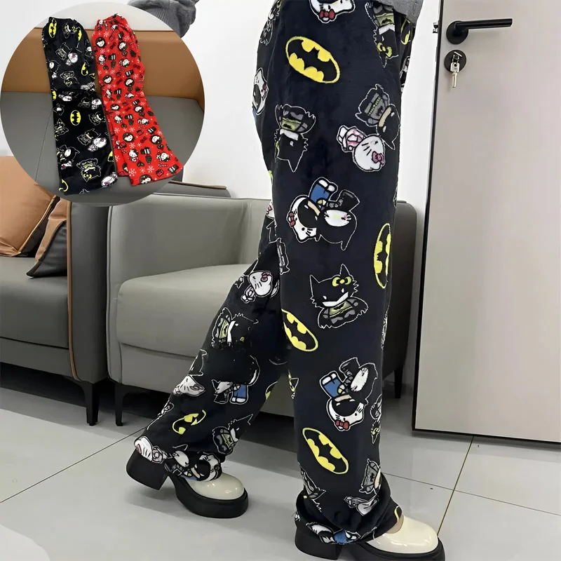 Sanrio y2k outono hellokitty batman calças de pijama dos desenhos animados hip hop senhoras quente casual flanela bonito calças de pelúcia estilo natal roupas