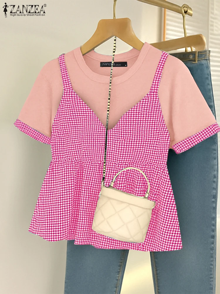 ZANZEA เสื้อฤดูร้อนผู้หญิงปลอม 2 ชิ้นเสื้อแขนสั้น Patchwork Blusas เสื้อทํางานลําลองหญิง Chemise Oversize