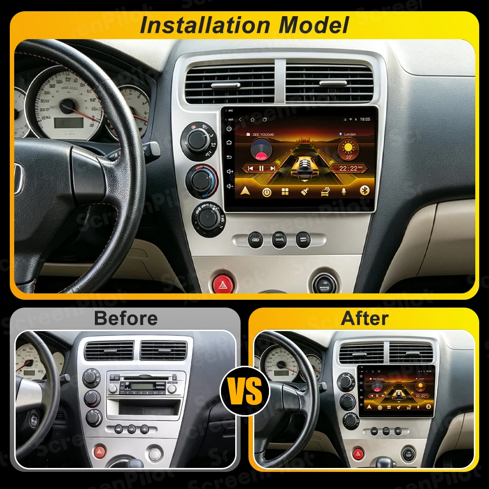 Android 16 For HONDA Civic EP3 2000-2005 Car Radio Stereo Head Unit Multimedia Video Player GPS Navigation 2K QLED 9 Inch 8 Core