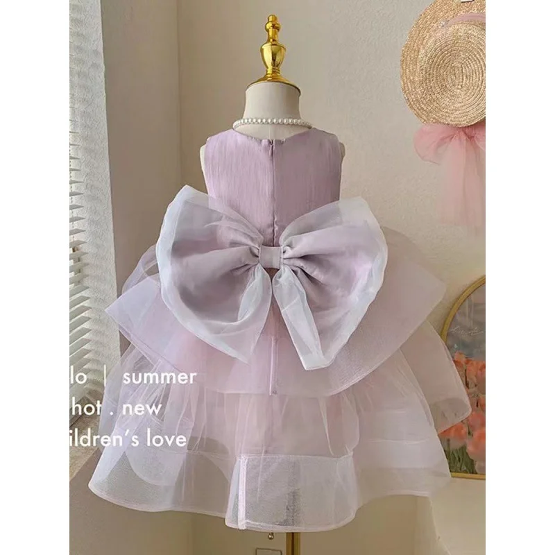 

New Girls Mesh Dress Kids Back Large Bow Sweet Princess Dresses Baby Round Collar Cake Layered Tutu Party Gown Ball 2-8 Years