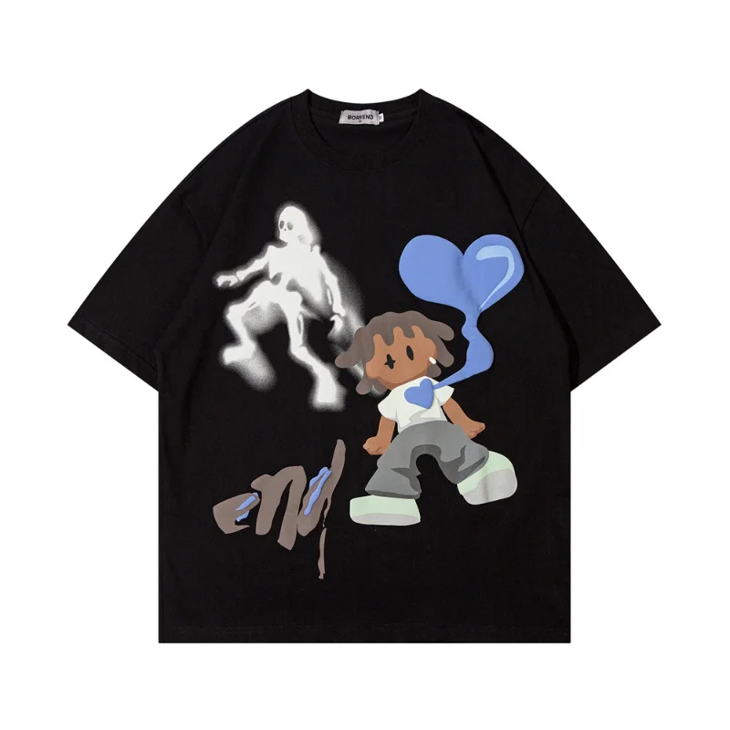 

2024 New Fun Skull Bone Cartoon Printing T-shirt Men's Summer Loose Round Neck Short-sleeved Bottom Five Sleeve T-shirt