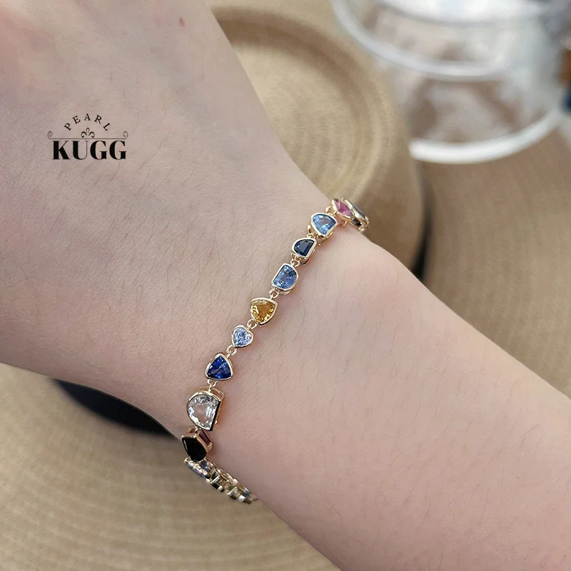KUGG 100% 18K Yellow Gold Bracelet Luxury Romantic Style Real Natural Color Sapphire Bracelet for Women High Party Jewelry