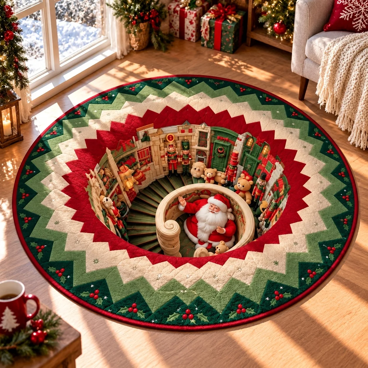 Christmas Town Spiral Optical Illusion Circle Area Rug 2D Flat Nutcracker Santa Print Non Soft Round Floor Mat For Holiday Decor
