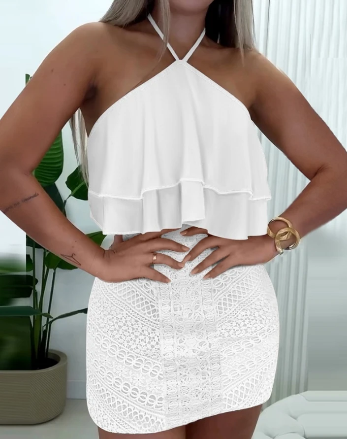 

European and American 2024 Summer New Sweet and Elegant Hanging Neck Ruffle Top and Crochet Lace Skirt Set