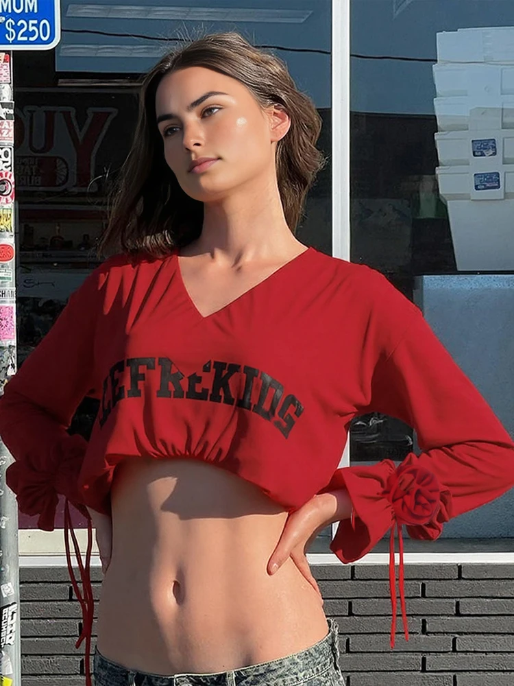 

InGrily Casual Fashion Letter Print Crop Top Women V-Neck Rose 3D Long Flare Sleeve Ribbon Harajuku Wild Streetwear Pullover