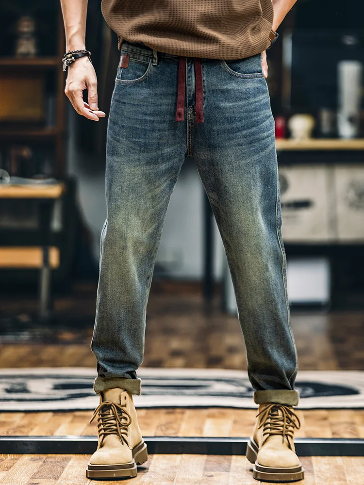Retro American Denim Jeans Men's New 2026 Loose Vintage Washed Casual Elastic Cone Shape Pants Cotton Polyester Spandex