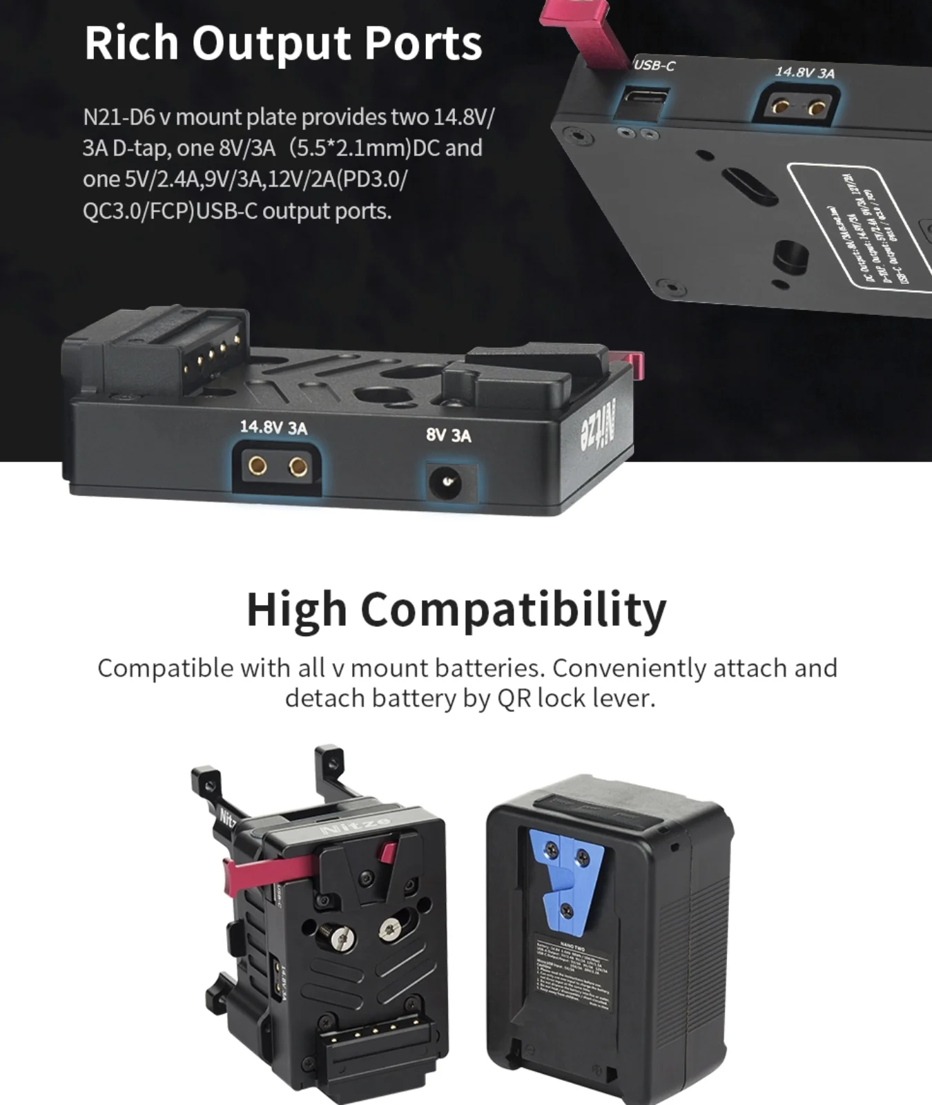 Nitze V Mount Battery Plate with One 8V/3A DC, Two 14.8V/3A D-tap and One PD 3.0 USB-C Output Ports-N21-D6