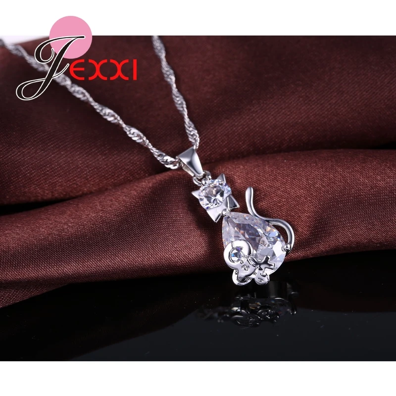 Genuine 925 Sterling Silver Lovely Cat Shape Cubic Zirconia Pendant Necklace Earrings Jewelry Sets For Women Ladies
