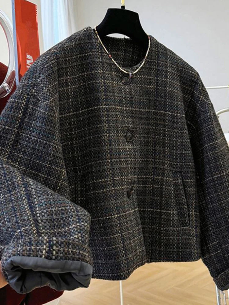 

Искусственное шерстяное винтажное клетчатое пальто женское свободное с длинным рукавом повседневная корейская куртка осень-зима женский Harajuku ретро топ с карманами и круглым вырезом