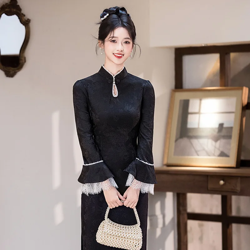 Jacquard Lady New Chinese Style Qipao Satin Patch Work Lace Long Sleeve Cheongsam Mandarin Collar Vintage Button Daily Vestidos
