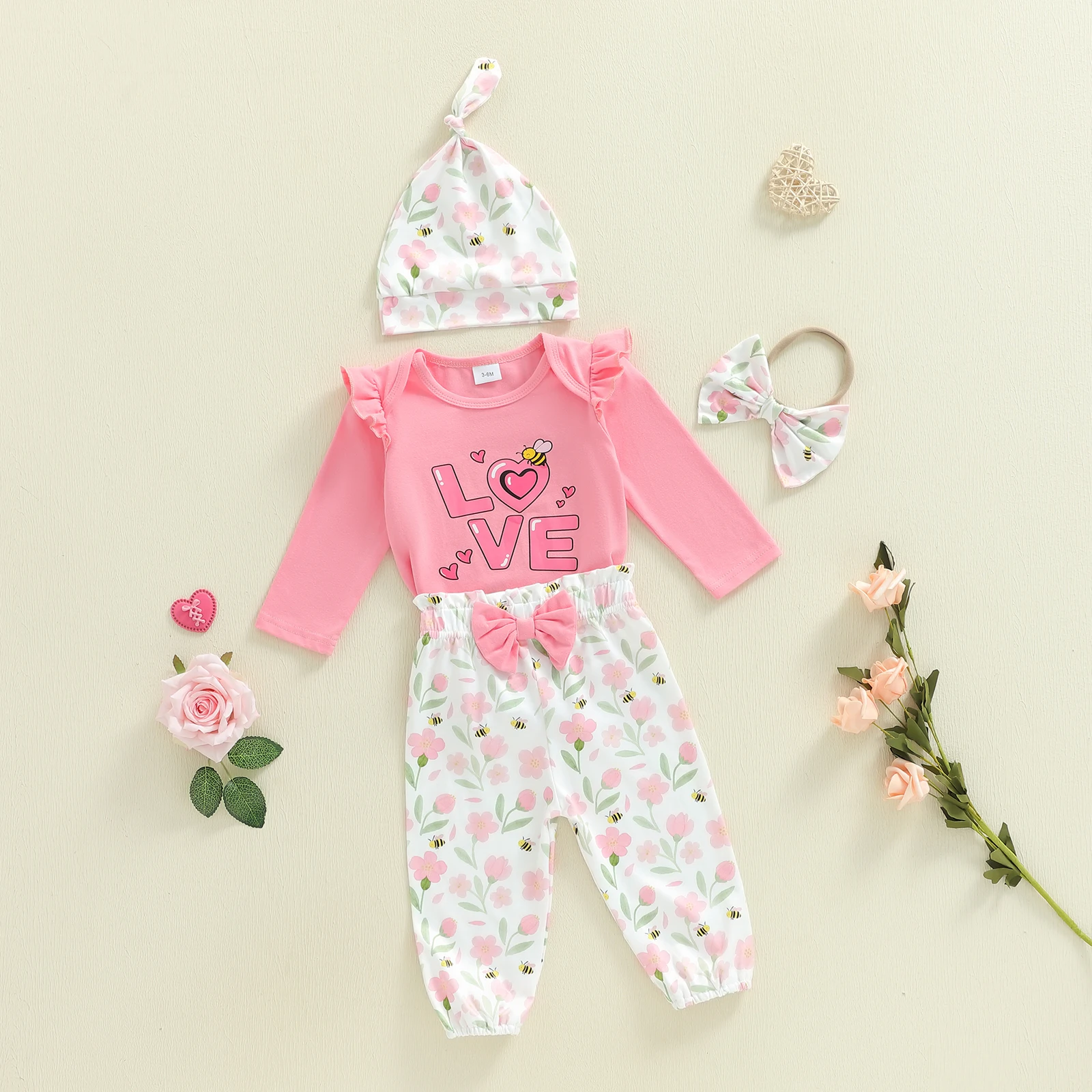 

Tregren 0-18M Baby Girl Valentines Outfit Heart Letter Bee Print Long Sleeve Romper Flower Pants Cap and Bow Headband 4 Pcs Set