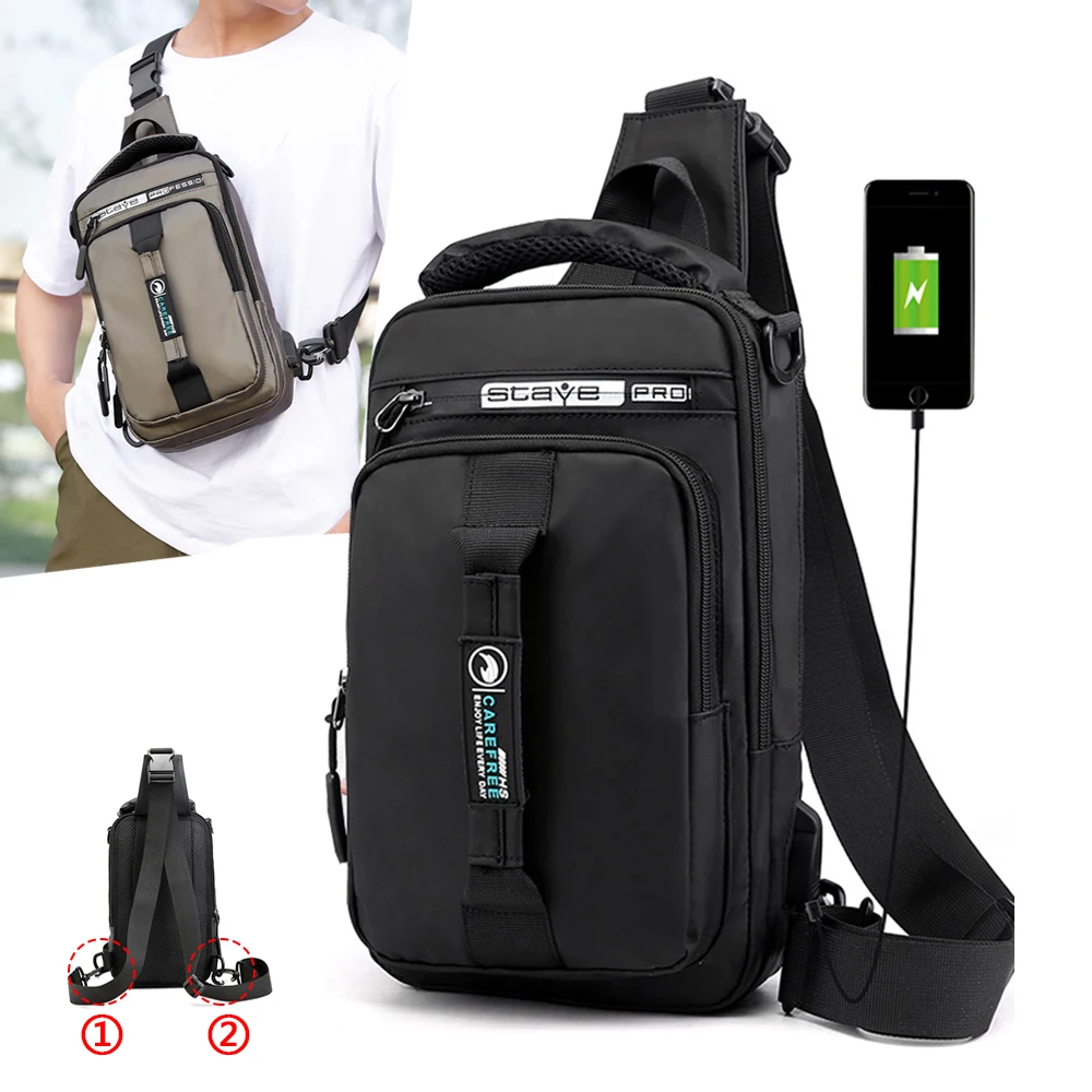 Men Cross body Chest Bag Backpack With USB Charging Port Multi-Functional Male Nylon Sling Rucksack Messenger Shoulder Bags