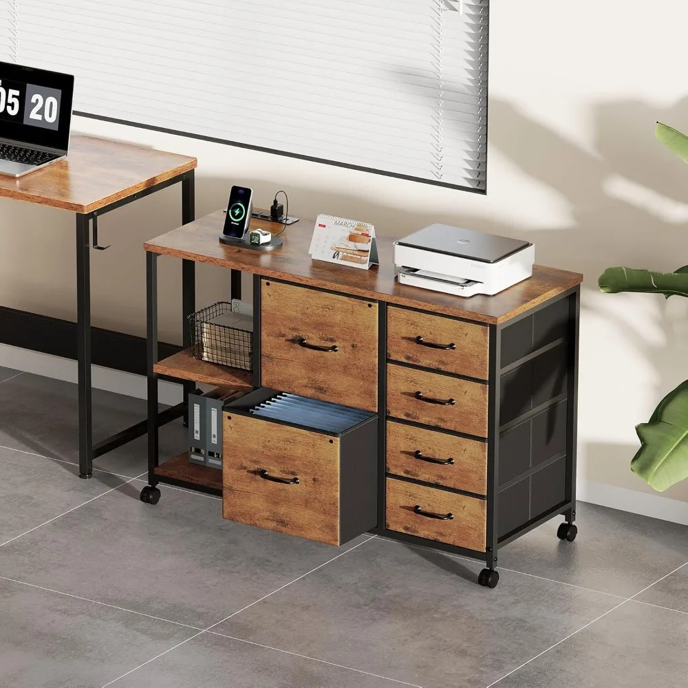 #home.Rolling Printer Stand with 6 Drawer File Cabinet Charging Station Open Storage Shelf